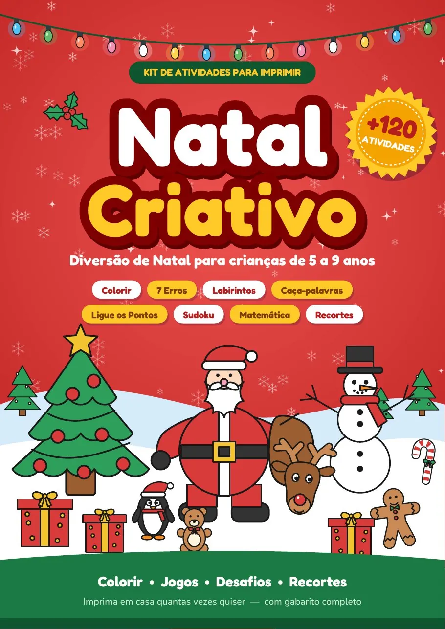 Capa do kit Natal Criativo com Papai Noel, rena, boneco de neve e árvore